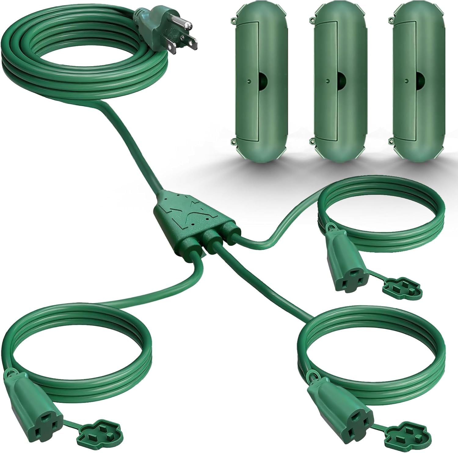 25FT Outdoor Extension Cord,1 to 3 Splitter for Christmas, Max 13FT End to End (25FT Total), with 3 Weatherproof Covers,16/3 SJTW Weatherproof Wire for Holiday Decoration Light, UL Listed, Green